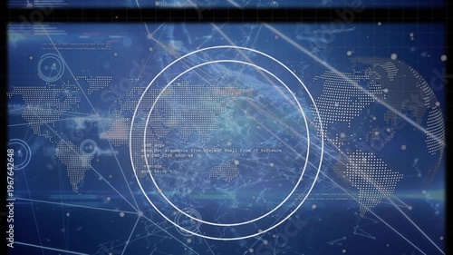 Animation of tape reel over connections and data processing on blue background