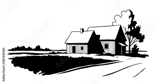 Two rustic farmhouses with a tall tree and smoke.