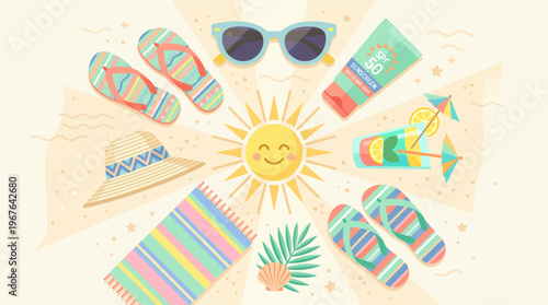 Vibrant Summer Holiday Essentials Arrangement with a Happy Sun, Perfect for Beach Vacations and Sunny Outdoor Adventures