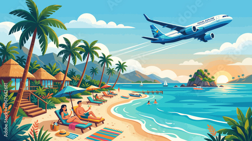 Tropical beach vacation with airplane flying over turquoise ocean and palm trees