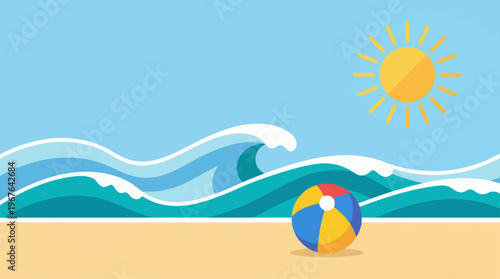 Vibrant flat design illustration of a cheerful summer beach scene with dynamic blue waves, a bright yellow sun, golden sand, and a colorful beach ball, perfect for holiday and vacation concepts