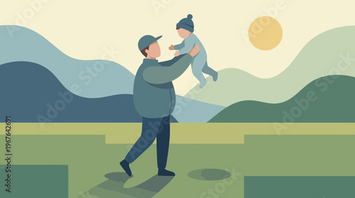 A heartwarming illustration of a father lifting his baby in the air amidst a picturesque hilly landscape, celebrating family and paternal joy