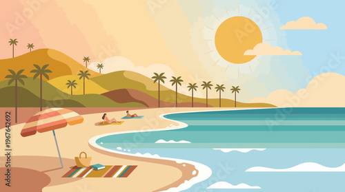 Flat illustration of a sunny tropical beach with relaxing people, an umbrella, calm ocean waves, and palm-lined hills. A serene summer vacation landscape under a warm, clear sky