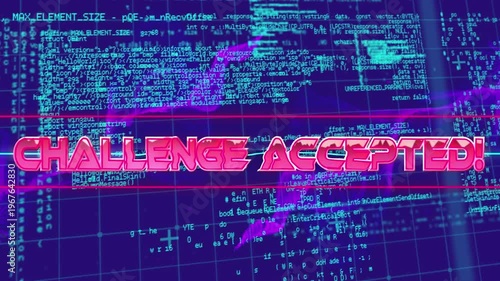 Animation of digital pink challenge accepted with lines against programming codes on grid pattern