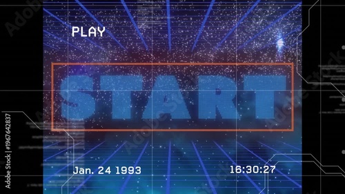 Animation of start text with grids, play button, date and timing on glitch digital interface