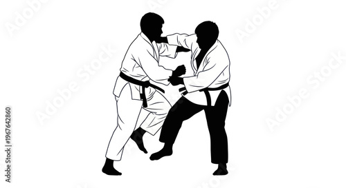 Two judo fighters in white gi, one throws the other, silhouette, isolated on white