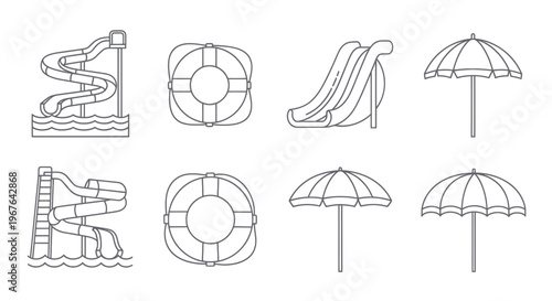 Water Slides, Lifebuoys, Umbrellas - Summer Fun Icons