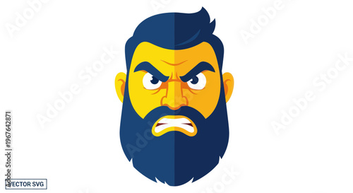Angry Bearded Man Face Icon - Aggressive Expression, Vector Illustration