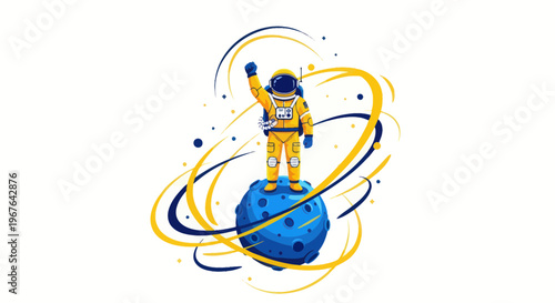 Astronaut standing on planet with rings, celebrating victory in space exploration