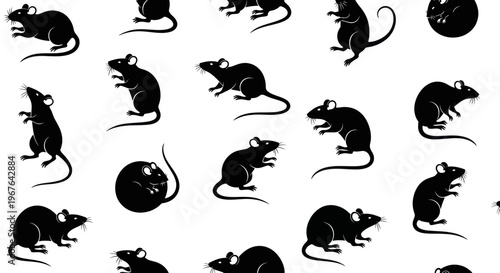 Black Mice Silhouettes Seamless Pattern on White Background