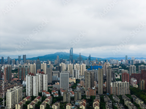 Aerial view of modern city with blue sky