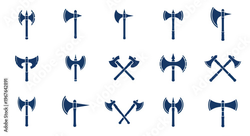 Collection of Medieval Axe Icons. Battle Axes and Weapons Set. Vector Illustration