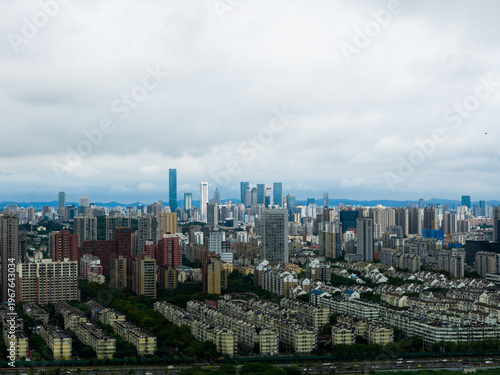 Aerial view of modern city with blue sky