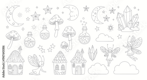 Whimsical Fantasy Elements Collection with Fairies and Magical Objects.