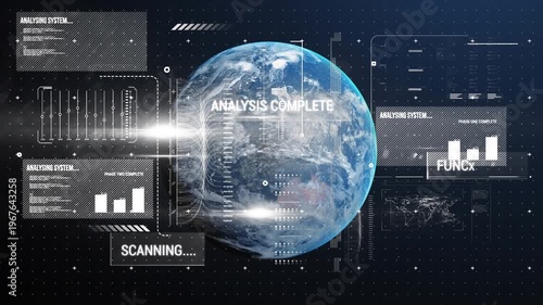 Animation of infographic interface with lens flare over rotating globe in galaxy