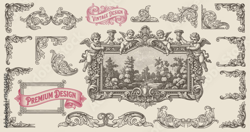 Vintage Baroque Victorian vintage elements, frame, vector floral engraved scroll ornament leaf retro decorative design. filigree calligraphic heraldic shield swirl