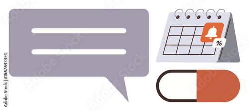 Medication tracking, healthcare reminders, pharmacy services, time management, digital apps, communication. Chat bubble, calendar with a reminder bell and medicine capsule icon. Medication tracking
