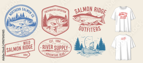 Vintage swordfish fishing logos, nautical badges, retro ocean emblems, apparel design