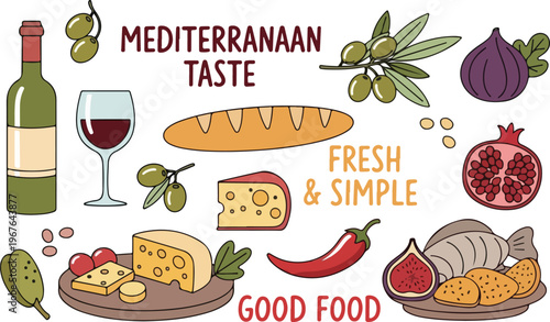 Fresh Mediterranean Food Cuisine Kitchen, Illustration Doodle Cartoon Collection