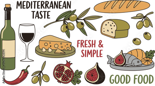 Fresh Mediterranean Food Cuisine Kitchen, Illustration Doodle Cartoon Collection