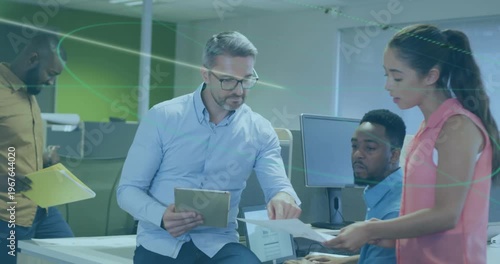 Animation of connections and data processing over business people in office