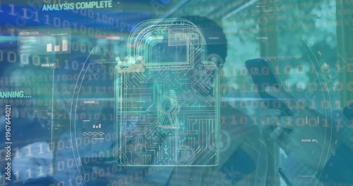Animation of security padlock icon and data processing over african american man drinking coffee