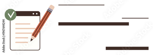 Documentation, task management, editing and proofreading, approval workflow, productivity, organization. Pencil with checklist and approval mark. Documentation and task management concept