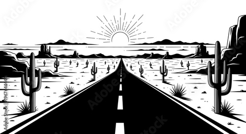 Vast desert highway stretching to horizon under sunburst, saguaro cacti and mesas.