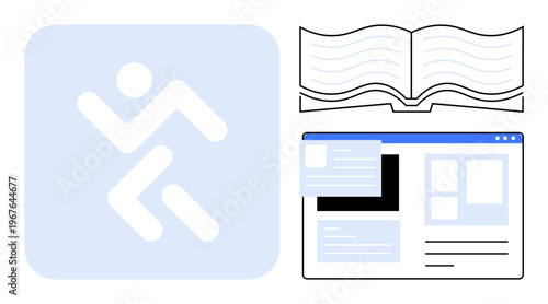 Education, technology, learning resources, online platforms, knowledge sharing, web design. Abstract running icon, open book and webpage layout. Education and technology visual concept
