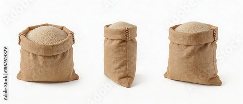  Set of tied burlap sacks with rice from various angles. Agricultural trade, export, and storage mockup isolated on white background.