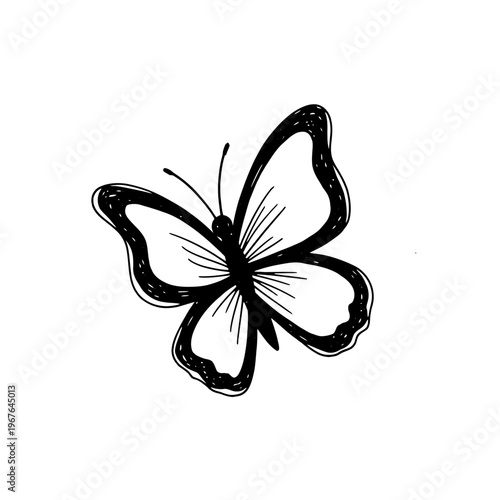 Hand-Drawn Butterfly Line Art Sketch Illustration, Simple Minimalist Black Ink Doodle Isolated on White Background