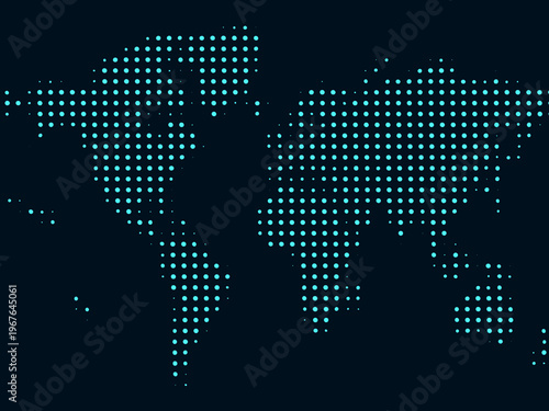 Abstract world map illustration with halftone texture, representing global connectivity, international business, and digital technology in a modern design style
