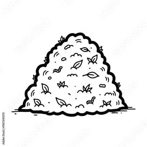 Hand-drawn Compost Pile Illustration with Organic Waste, Leaves, and Earthworms for Gardening and Sustainability Projects - Vector Line Art