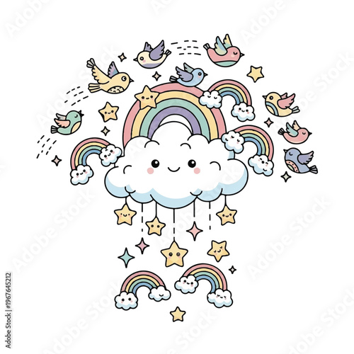 Smiling Cloud with Rainbow and Birds.