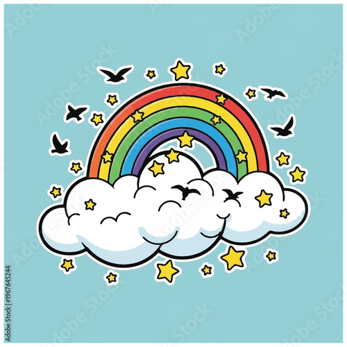 Colorful Rainbow Over Fluffy Clouds.