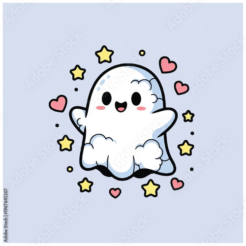 Cute cartoon ghost with hearts stars.