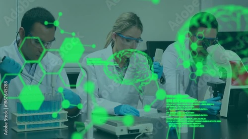 Animation of scientific data processing and human brains over diverse scientists in laboratory