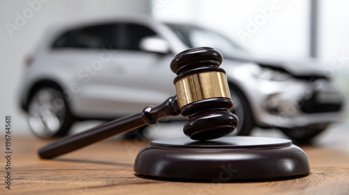 Auction gavel on wooden table with damaged car in the background