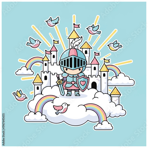 Knight in armor on cloud with sword.