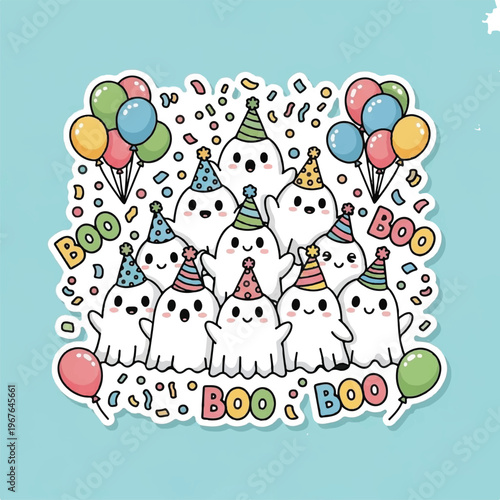 Group of cute cartoon ghosts celebrating.
