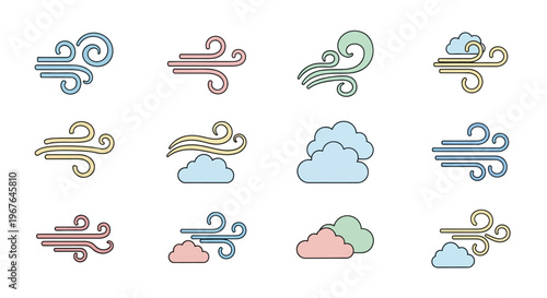 Weather forecast icons with clouds winds.