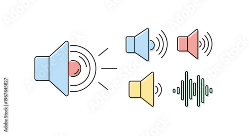 Colorful speaker icons with sound waves.