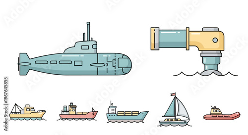 Colorful cartoon boats and submarine sailing.