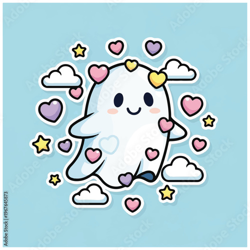 Cute cartoon ghost with hearts.