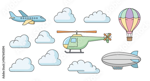 Airplane helicopter blimp hot air balloon.
