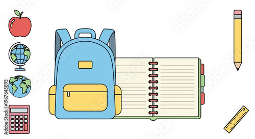 Backpack with school supplies around it.