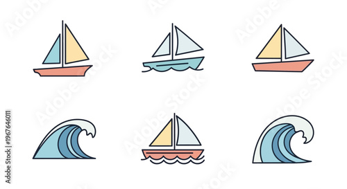 Sailboats and ocean waves nautical icons.