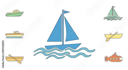 Sailboat with various ships around.