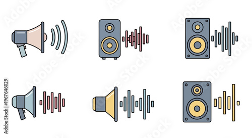 Loudspeakers and sound wave icons.