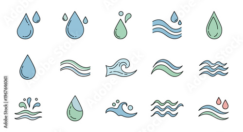 Water Droplets and Waves Icon Set.